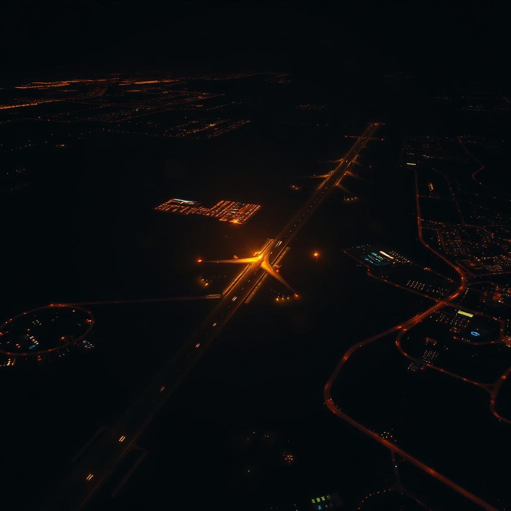 Aerial view of runway and city lights forming a network
