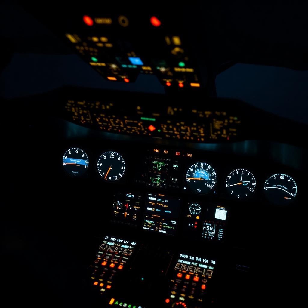Aircraft cockpit instruments glowing at night
